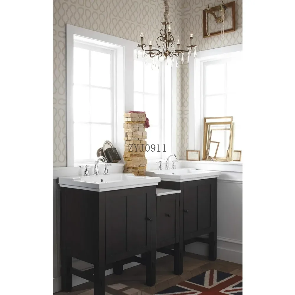 صنبور حمام واسع الانتشار مع مجموعة تصريف منبثقة، صنبور حوض الحمام ذو 3 فتحات ومقبضين من الكروم المصقول #4