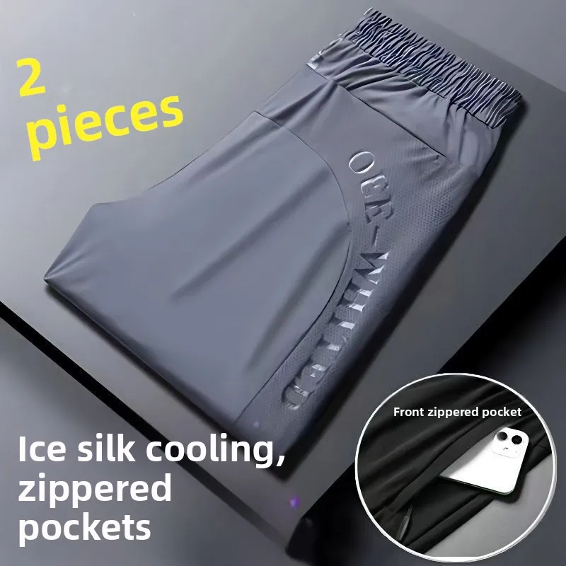 

Qui Dry Ice Silk Men's Summer Thin Nine Points Cuffed Large Size Casual Long Pants Sport Trousers Loose Fit Low Waist