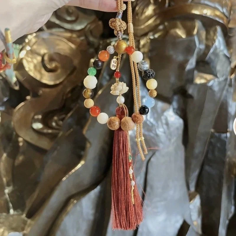 Temple Same Style 18-Seed Duobao Lotus Tassel National Fashion Car Hanging Bracelet Automobile Hanging Ornament Backpackbackpack