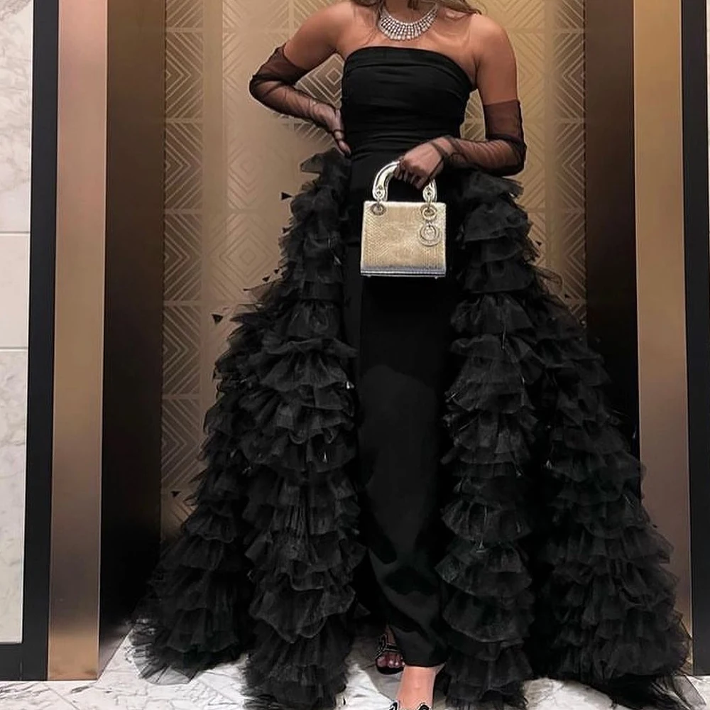 Customized Modern Jersey Straight Detachable Sleeve Feathers and Tiered Evening Dress Strapless Panel Train Black Delicate