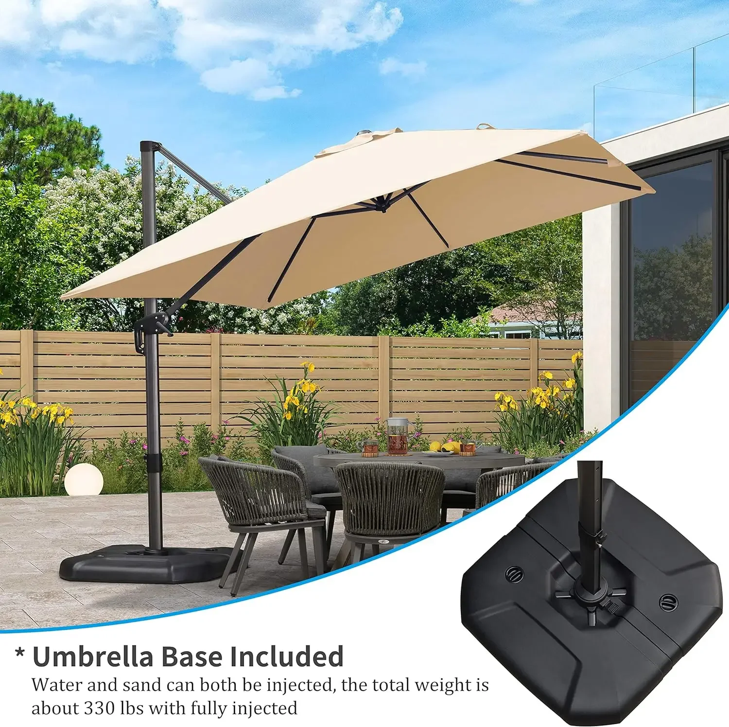 Parapluie carré extérieur en porte-à-faux avec base, parapluie décalé en aluminium avec rotation à 360 degrés pour piscine de jardin