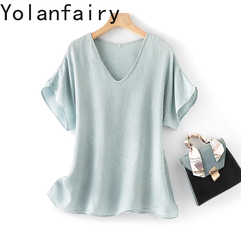 YOLANFAIRY 100%Real Mulberry Silk T Shirts for Woman Summer Tops Jacquard Women's T Shirts Comfortable V-neck Tees t shirt dames