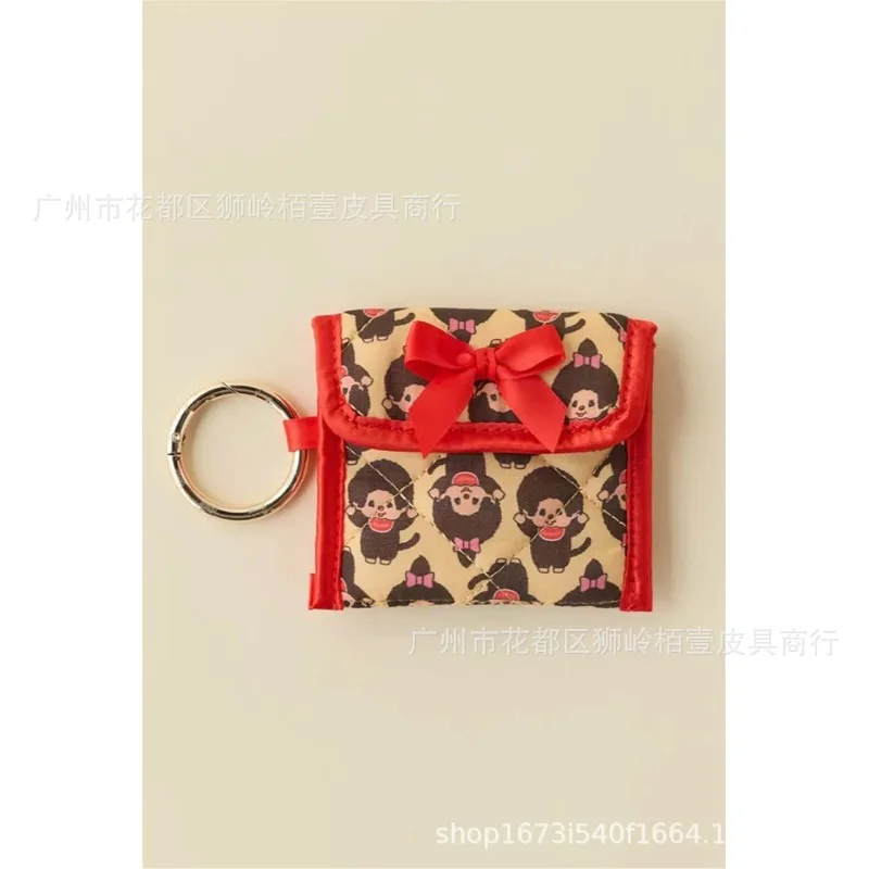 Cute Monchhichi Quilted Earbud Pouch with Keychain Red Bow Mini Coin Purse Portable Wireless Earphone Storage Bag Gift