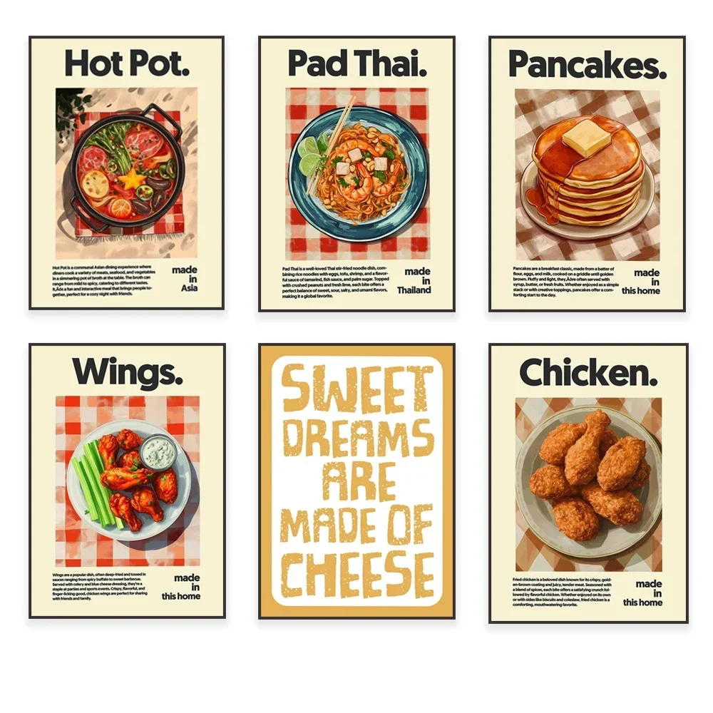 1PCS frameless 2D Flat Printing Fried chicken, pad thai, butter chicken, ceviche, pancakes, chicken wings, bread, hot pot, pizza