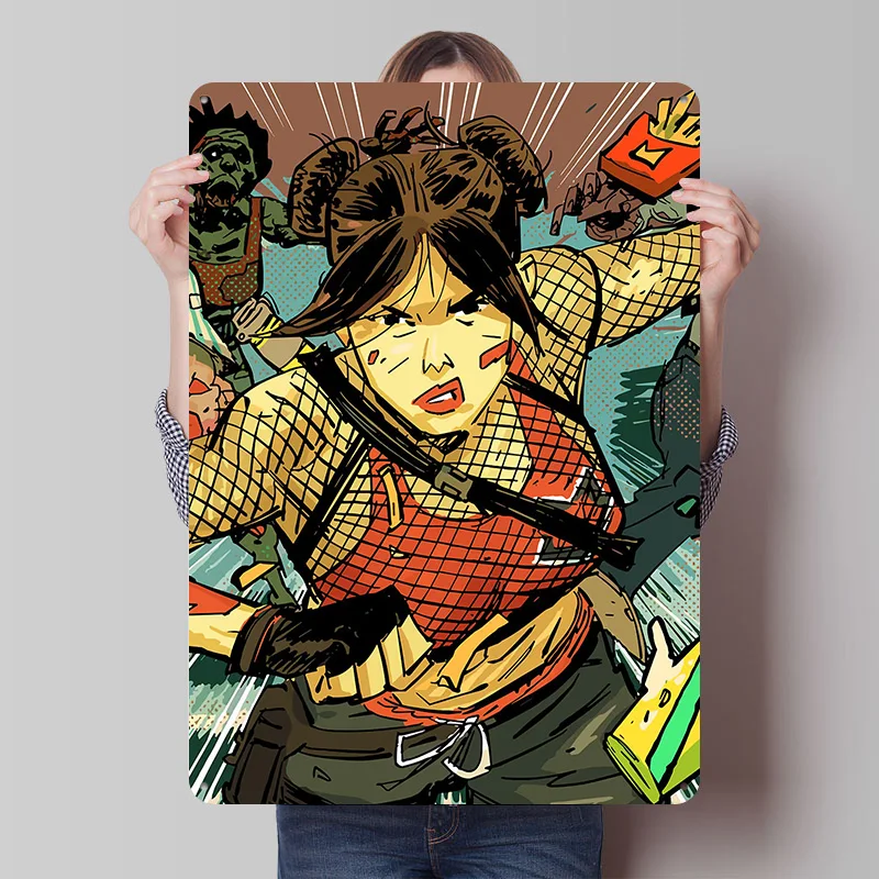 Frau kämpft gegen Zombies mit Gewehr, Druckposter, personalisierte Retro-Wandkunst, Vintage-Metallschilder für die Dekoration von Mancave-Gaming-Raum.