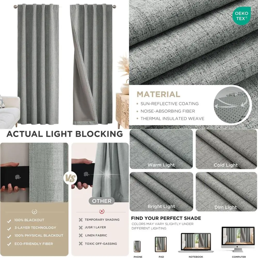 

Blackout Curtains for Bedroom - 100% Light Blocking 2 Panels Light Grey Drapes 66"W x 108"L, Thermal Insulated Room Darkening Cu
