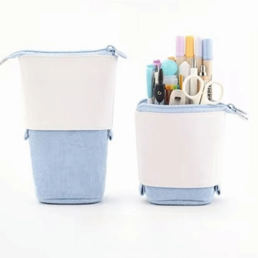 PU Corduroy Telescopic Pencil Pouch Adjustable Height Zipper Closure Vertical Stationery Bag Pink Purple Green Blue Yellow