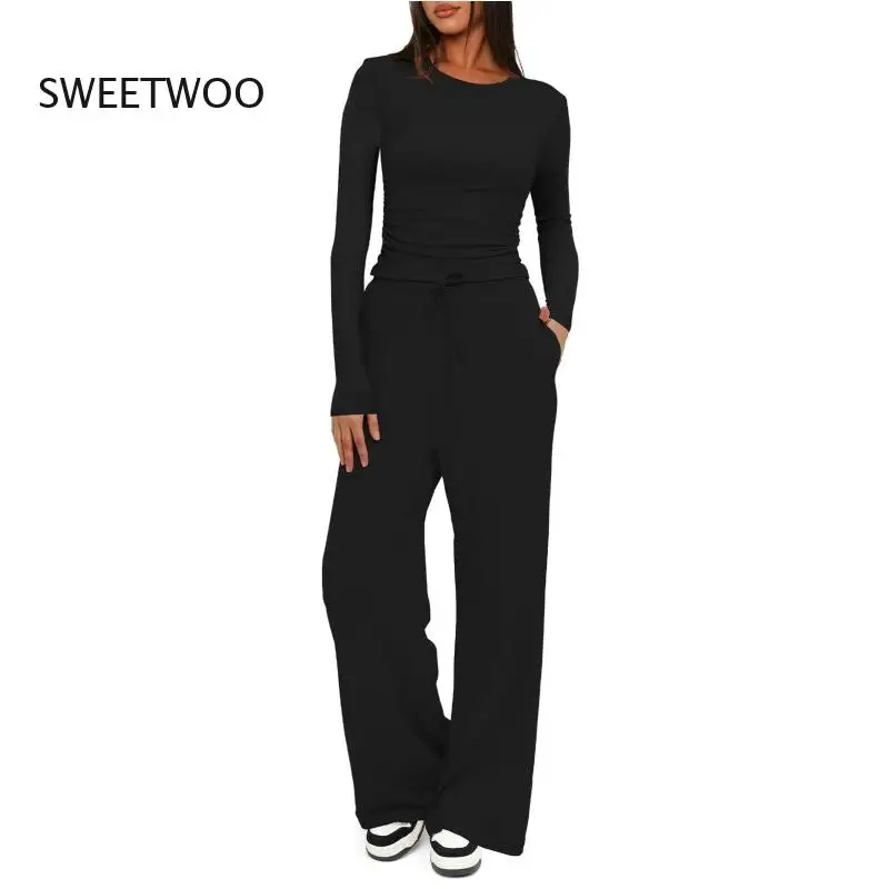 Comfortable Women's Loungewear Set Solid Color Casual Outfit with Tie-Front Top and Wide-Leg Trousers