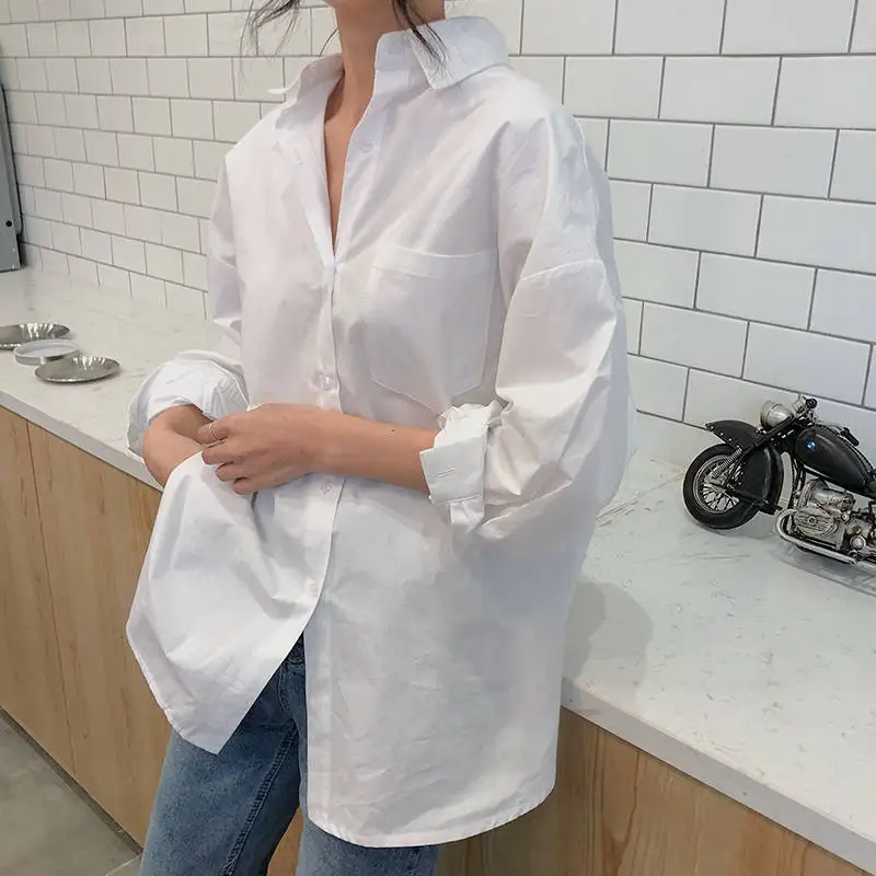 2026 Autumn Minimalist Women's White Oversize Shirt Full Sleeve Basic Button up Korea Style Blouse with Pocket for Ladies