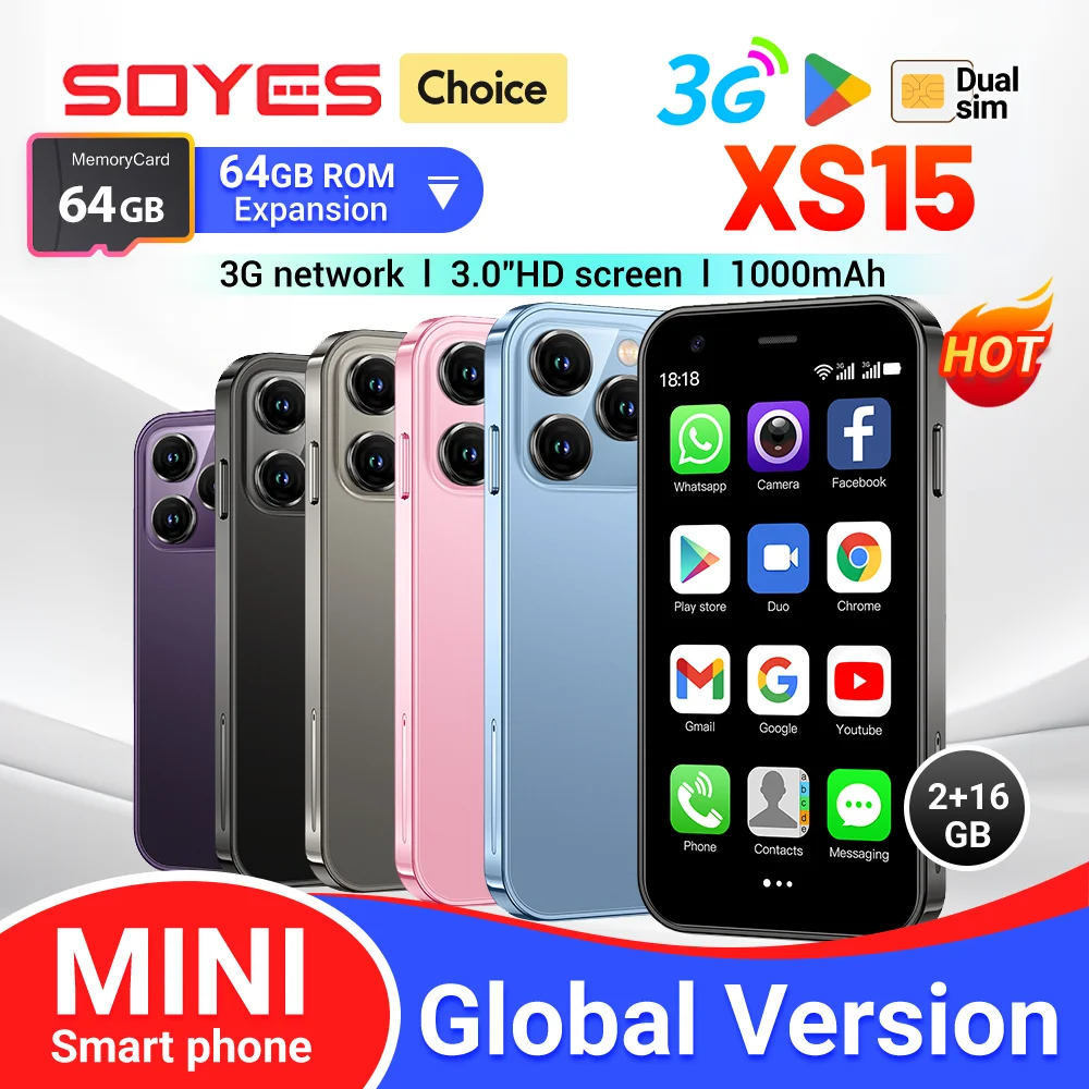 SOYES XS15 Mini teléfono inteligente Android8.1 pantalla de 3,0 pulgadas 2GB RAM 16GB ROM Dual SIM en espera Play Store 3G pequeño teléfono