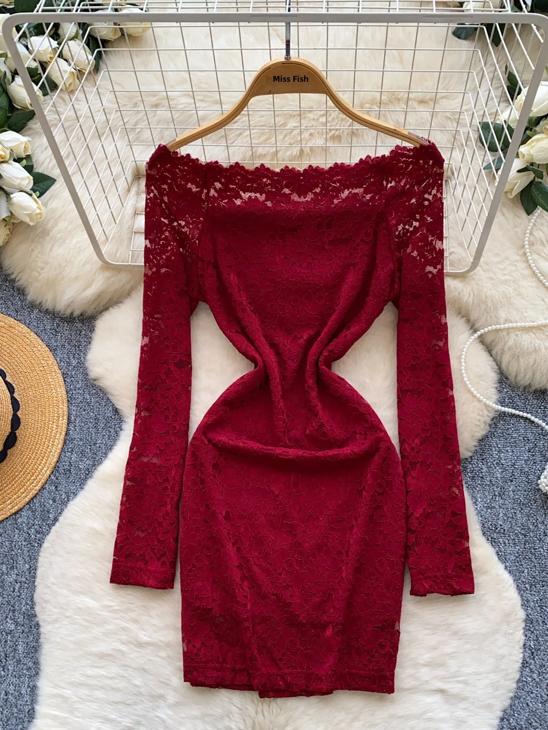 Red Lace One Shoulder Long Sleeve Women's Dress Slimming High Waist A-Line Skirt Pure Desire Sexy Girl Dress City Commute