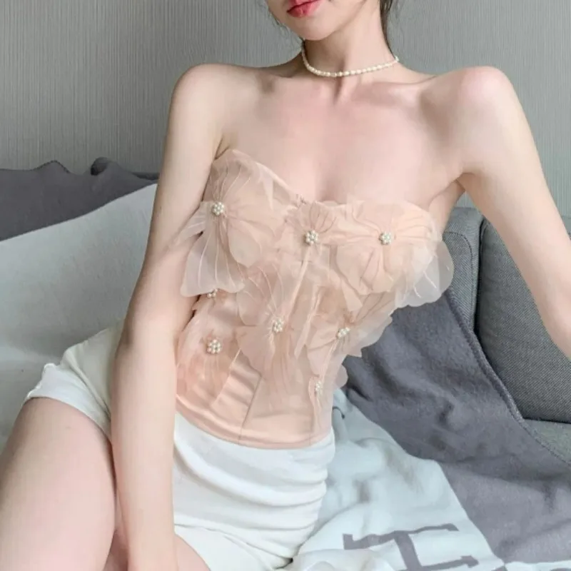 المرأة الصيف أنيق شبكة ثلاثية الأبعاد زهرة مطرز شيك قميص مثير قبالة الكتف لطيف الحلو بلوزة الإناث أكمام سليم الجنية المحاصيل القمم