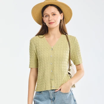 여성용 얇은 크롭 카디건, 단추 V넥 반팔 니트 탑, 슬림 스웨터 상의, 여름 니트웨어, 2024 Best5 여성용 얇은 크롭 카디건, 단추 V넥 반팔 니트 탑, 슬림 스웨터 상의, 여름 니트웨어, 2024 Best5