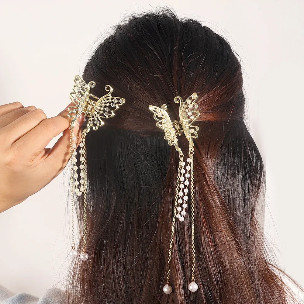 Fashion Female Butterfly Pearl Tassel Hair Claw Rhinestone Clip Korean Simple Shark Ponytail Crab Clip Girls Hair Accessories