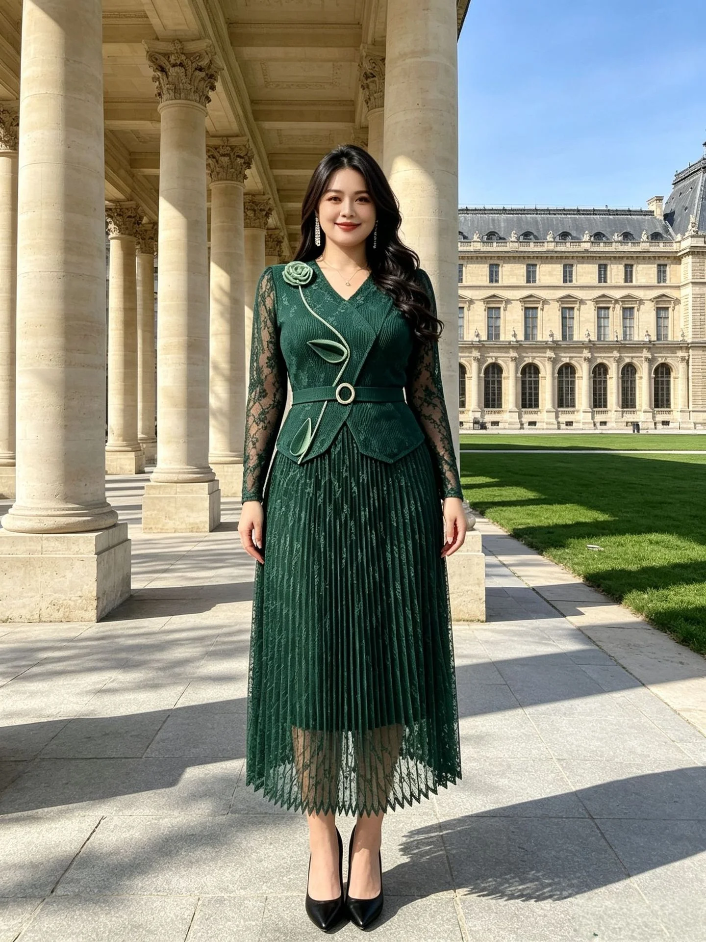 Miyake Pleated Plus Size Women Solid Color Dress Fashion Elegant 2026 Autumn New Arrival Lace Temperament Slim French Long Dress