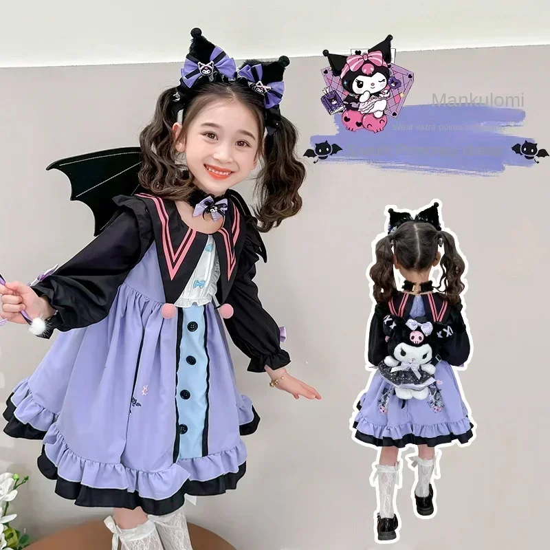 SANRIO Kuromi ชุดเดรสเจ้าหญิงสีม่วงแขนพัฟ, ชุดของขวัญวันฮาโลวีนชุดของขวัญสำหรับเด็กชุดไปงานเต้นรำวันเกิด