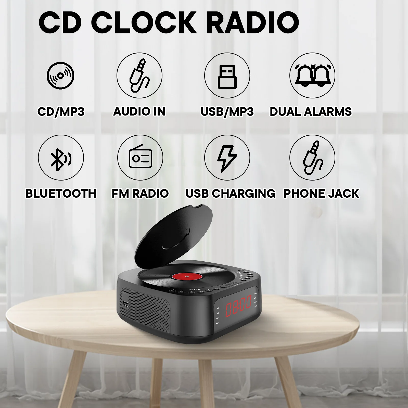 CD Player Alarm Clock with Remote,CD/MP3 Bluetooth FM radio with Speakers,USB charger,Dimmable LED display,dual alarms bedroom