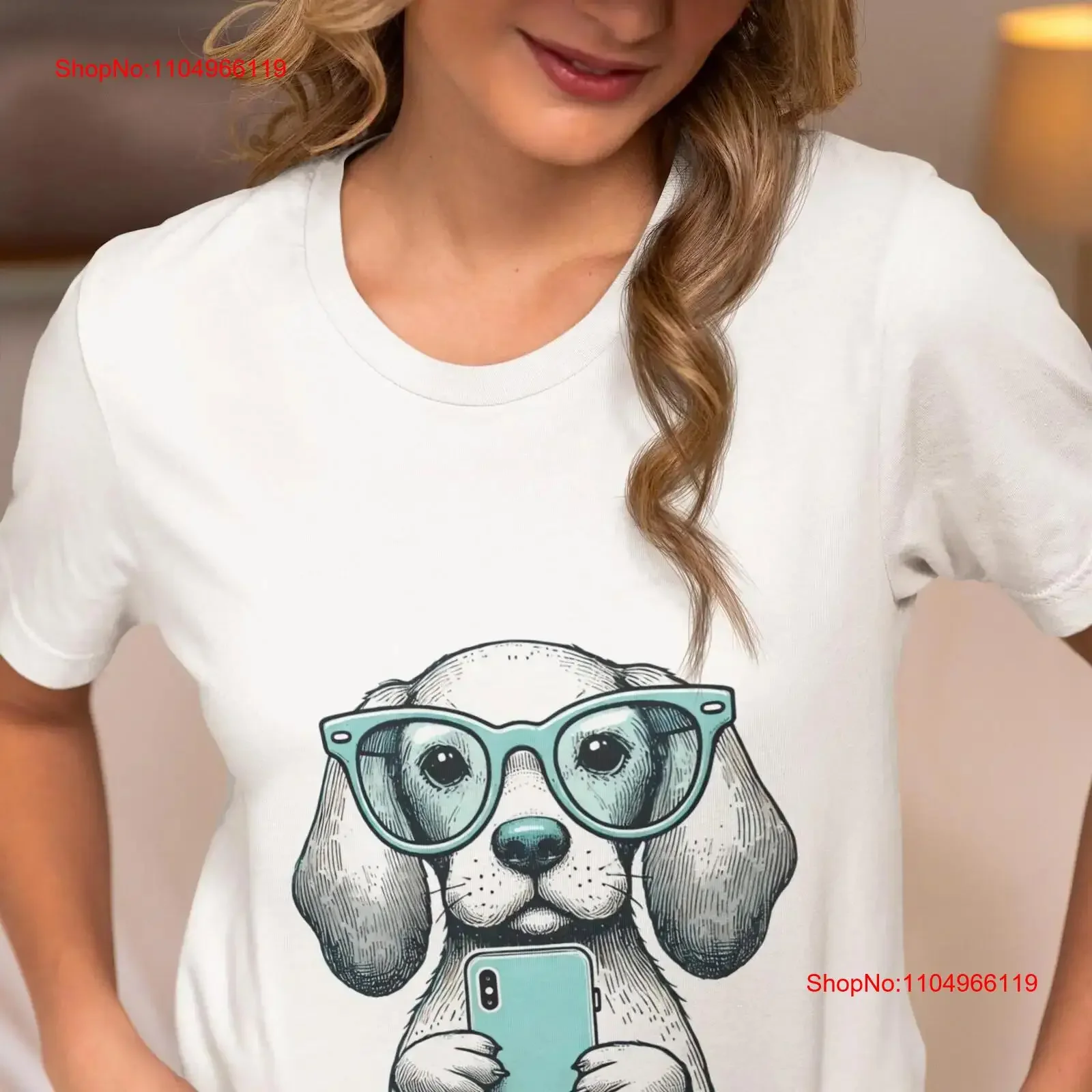 

Trendy Dog T Shirt with Large Floppy Ears Oversized Glasses Smartphone Novelty PerfecT for Lovers and Pet Parents vintage