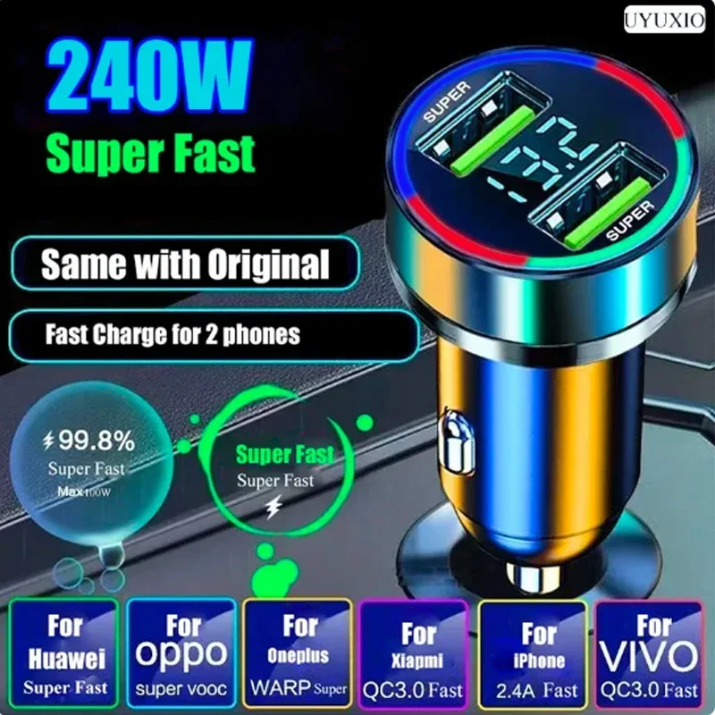 Car charger with high-power 120W dual USB ports, super fast charging conversion plug, universal phone model flash charging