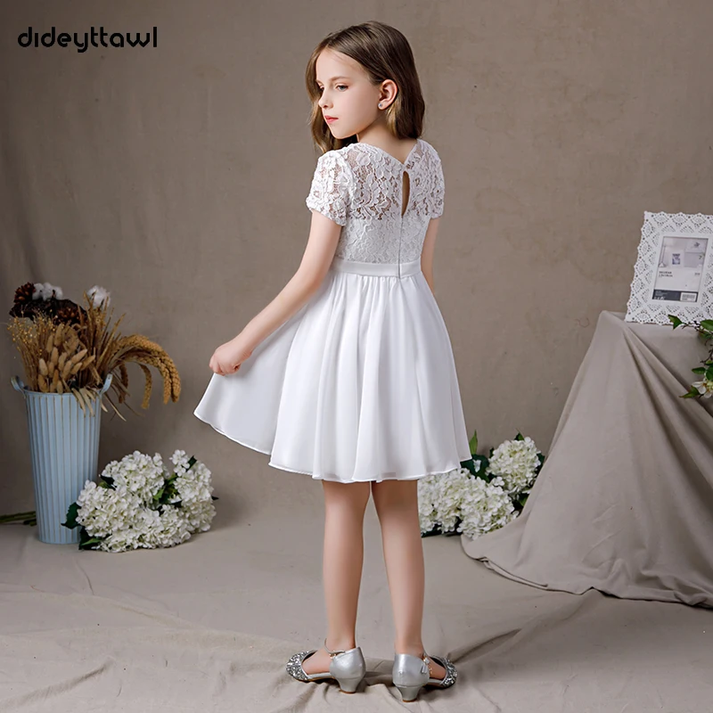 Dideyttawl Customized Short Sleeve Lace Chiffon Flower Girls Gown First Communion O Neck Knee Length Junior Bridesmaid Dress