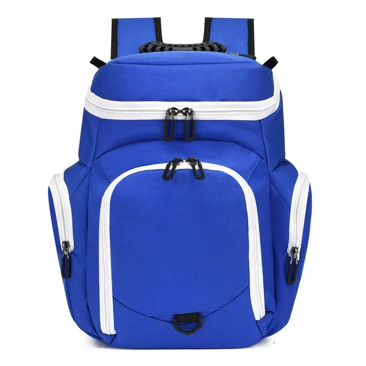 Blue white color block sports backpack large multi compartment design dual side slip pockets top handle adjustable straps