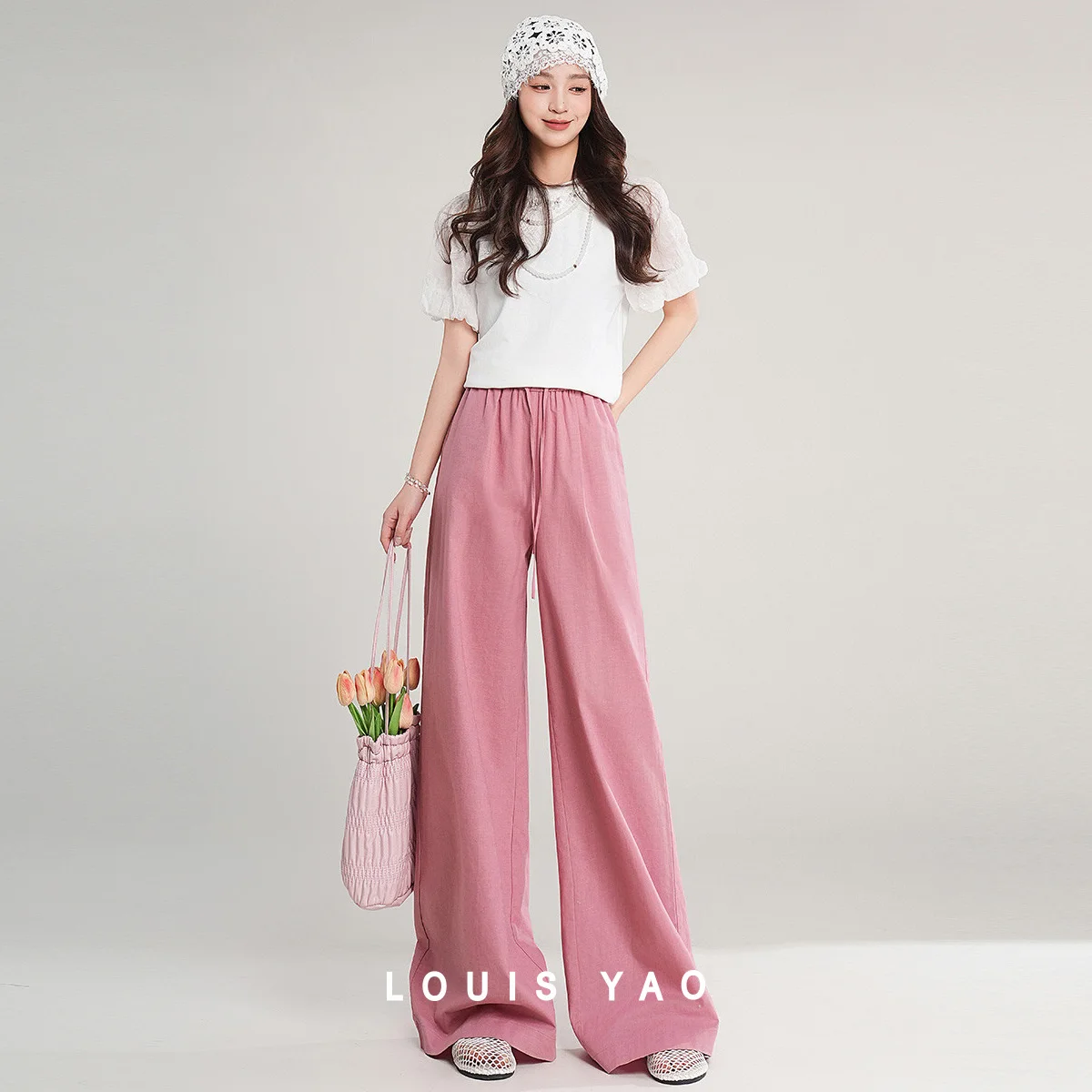 

LOUIS YAO Simple Cotton and Hemp Straight Leg Pants 2025 Summer Casual Fashion Rubber Waist Solid Color Pants Casual Pants