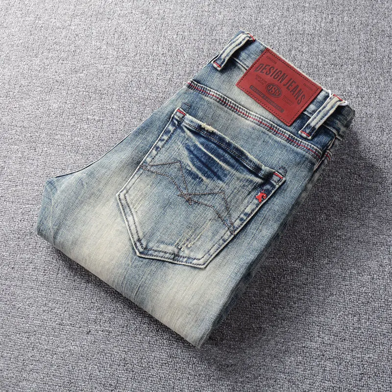 Fashion Designer Men Jeans High Quality Retro Washed Blue Stretch Slim Fit Ripped Jeans Men Italian Style Vintage Denim Pants