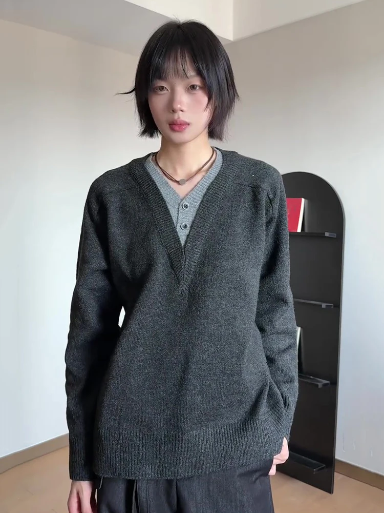 

Мужской осенне-зимний трикотажный джемпер Deep ey V-Ne из смесовой шерсти, базовый слой, свободный крой, имитация двухслойности, повседневная верхняя одежда