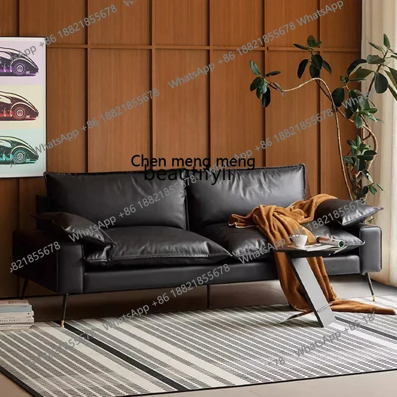 z183  Medieval black leather sofa straight row living room first layer cowhide retro Bauhaus double small apartment sofa