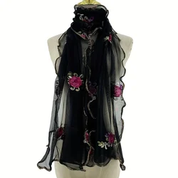 Vintage Flower Embroidered Scarf Elegant Ruffle Thin Breathable Shawl Casual Outdoor Sunscreen Decorative Bandana Muslim Hijib