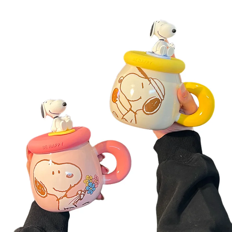 Mug Snoopy Kawaii grande capacité avec couvercle et paille, tasse en céramique à motif de dessin animé pour le bureau, cadeau pour amis