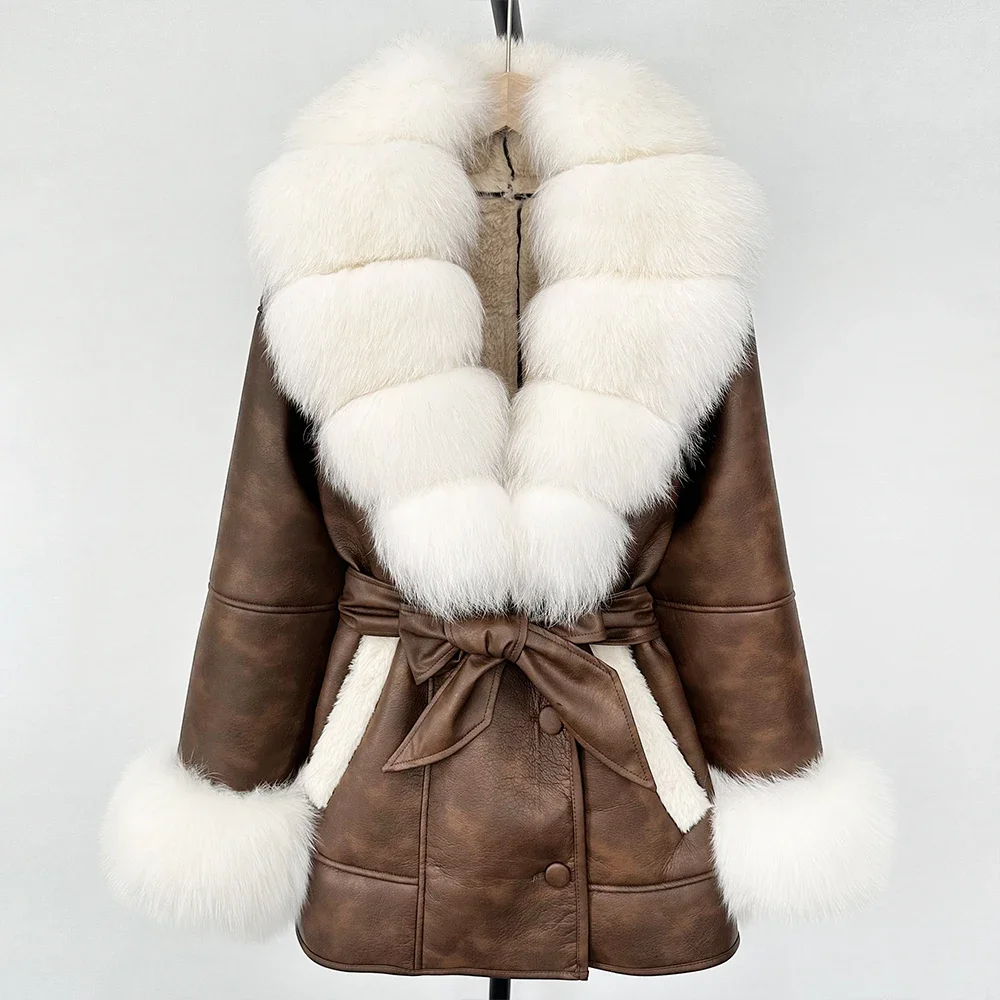 Frauen Lamm Pelzmantel Echt Fox Pelz Jacke 2025, Große Pelzmantel Faux Leder Mantel Herbst Winter Damen Mode Warme Outwear Tops