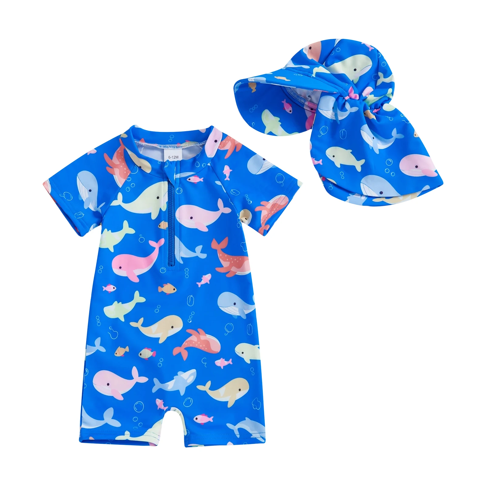 

Купальник-рашгард для маленьких девочек со шляпой, комплект из 2 предметов, милый купальник на молнии с короткими рукавами и принтом русалки для малышей