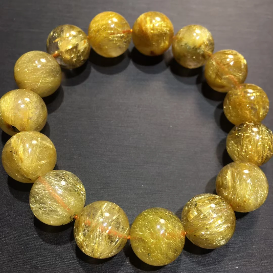 Natural Gold Rutilated Quartz Titanium Bracelet Cat Eye Clear Round 14mm Wealthy Woman Men Beads Jewelry Brazil AAAAAAA