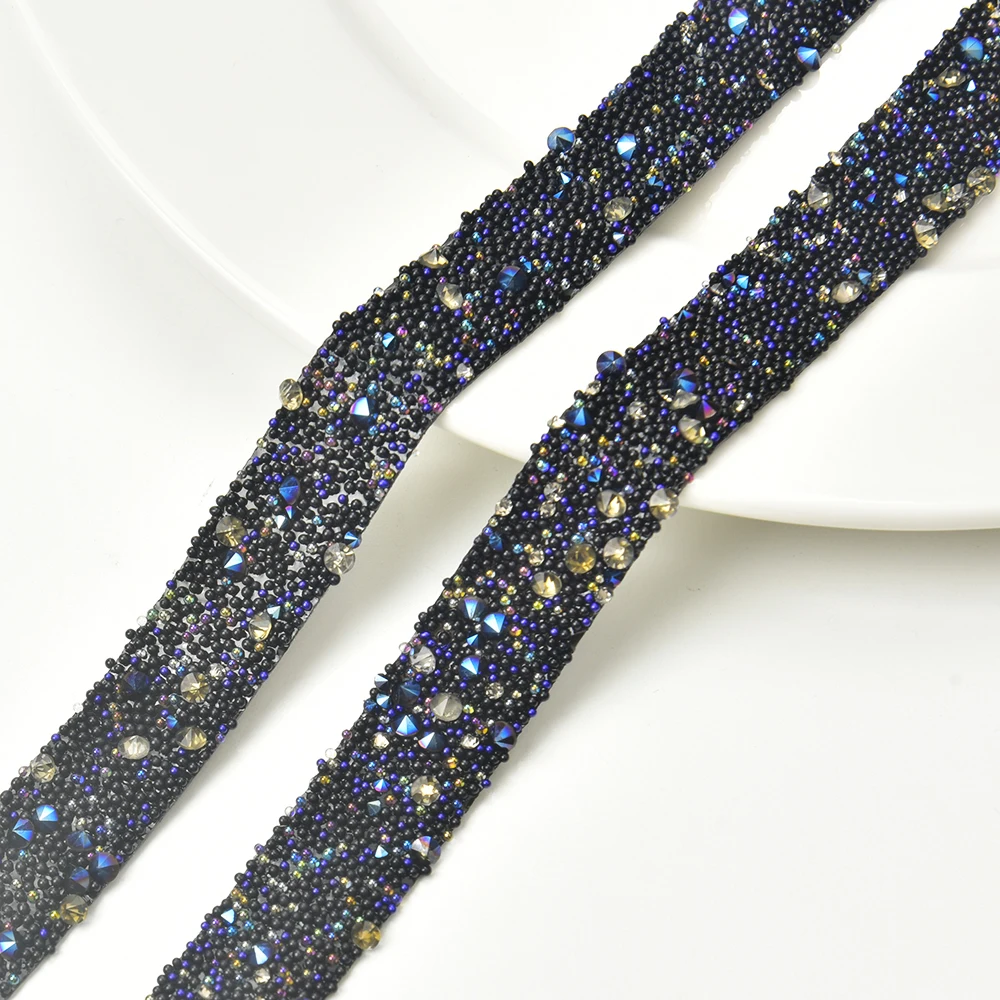 Hot Fix Rock Diamond Crystal Ribbon Trimming 1.5cm Width Rhinestone Chain Tape Iron on Round Caviar Beads Banding for Dress DIY
