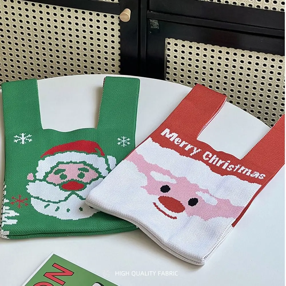 Portable Christmas Gift Knot Wrist Bag Santa Claus Wool Bucket Bag Christmas Knitted Bag Candy Pouch Purse Tote Bag Travel