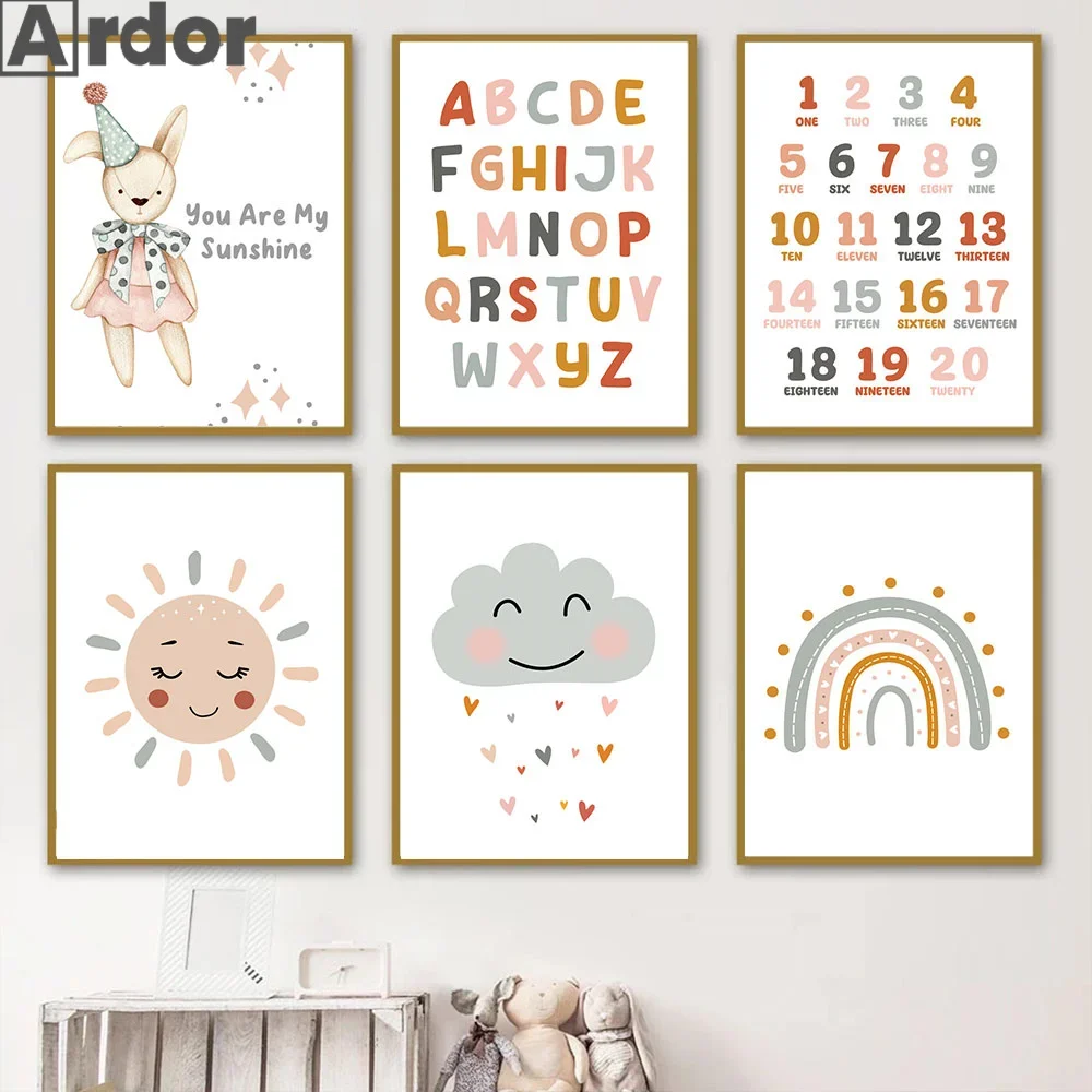 

Cartoon Alphabet Poster Rabbit Sun Rainbow Cloud Sun Art Canvas Painting Nordic Print Nursery Wall Picture Baby Kids Room Decor