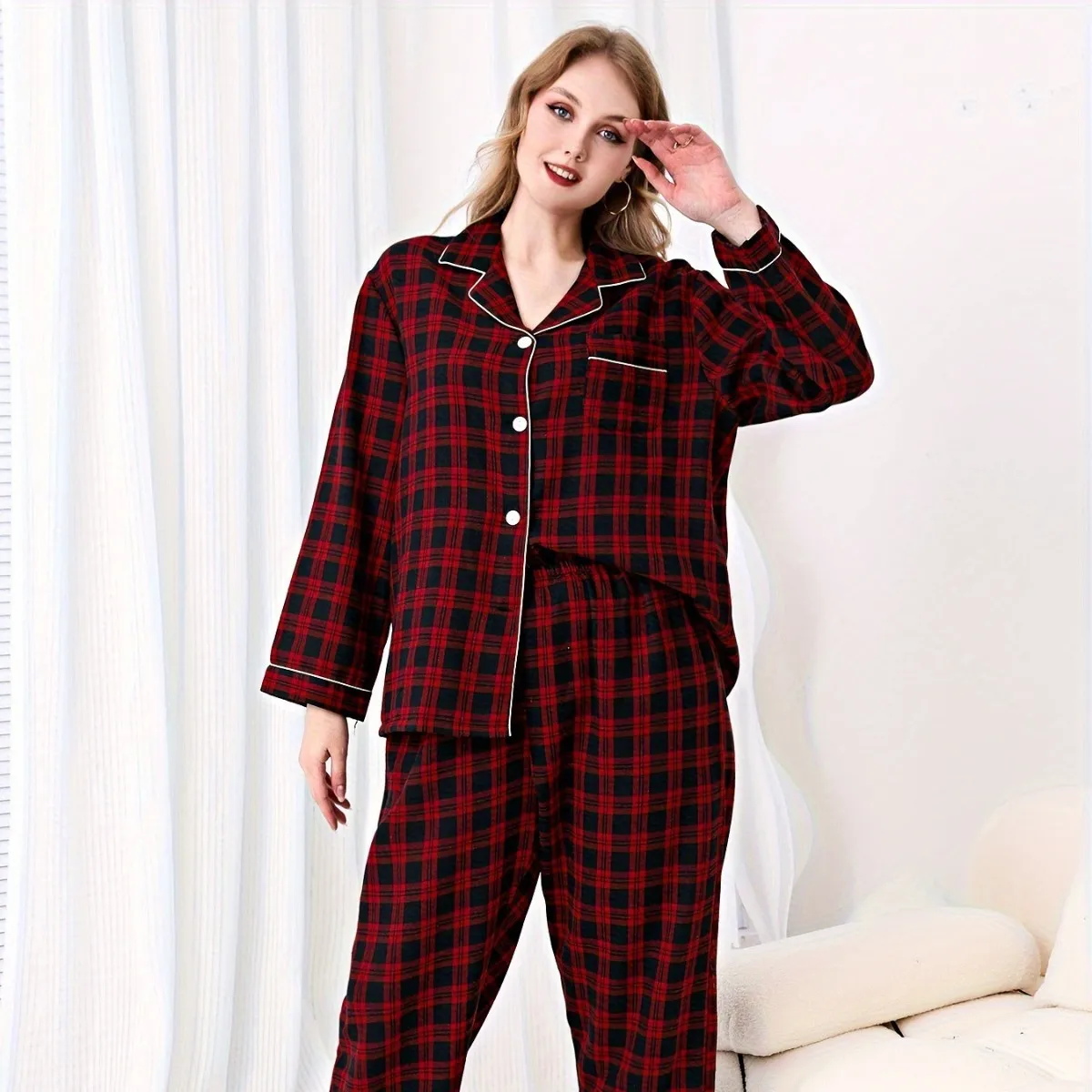 Large Size Women's Sleepwear Set Loungewear Double Long Black and Red Checkered Print Autumn and Winter Pajama Sets