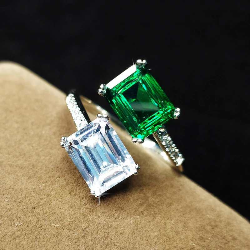 Original new design S925 sterling silver sapphire emerald two-color square burst opening adjustable ladies ring