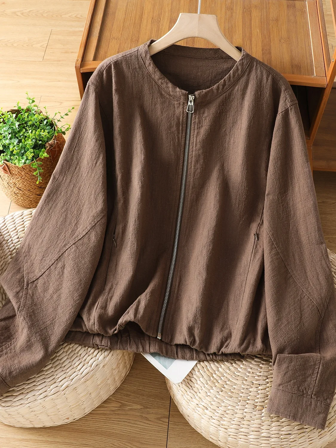Retro Heavyweight Sand Wash Linen Double Layer Short Jacket Women's Natural Texture Zipper Open Cardigan Outerwear Top