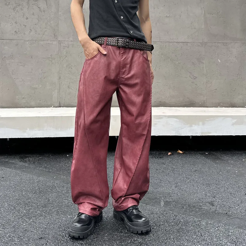 Street shooting new tide Korean loose straight nostalgia Ankora red PU leather men's pants pants