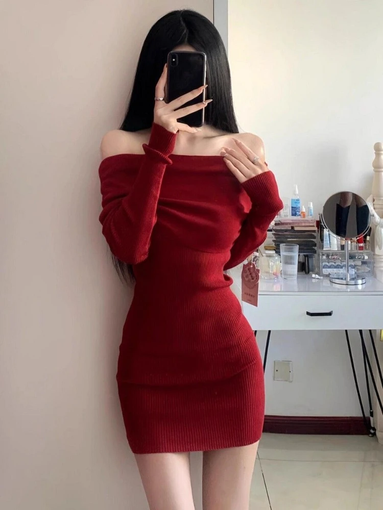 One Shoulder Women's Crochet Dresses Elegant High Quality Trend Retro Fashion Korean Clearance Sale Prom Party Female Knit Dress