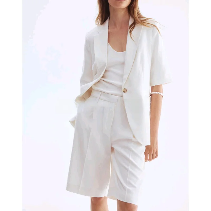 Autumn New Women's Loose V-ne Commuter Jaet High Waist Bermuda orts Two-piece Set Casual Sle Adult Faion Ensemble