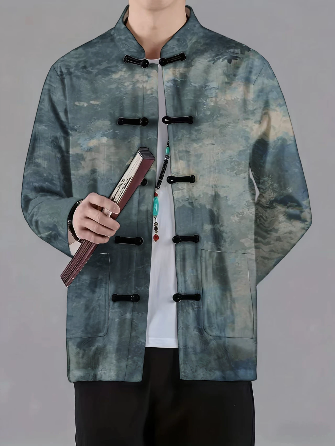 Men Mandarin Collar Frog Button Jacket Paisley Floral Leaf Ink Wash Landscape Print Traditional Outerwear