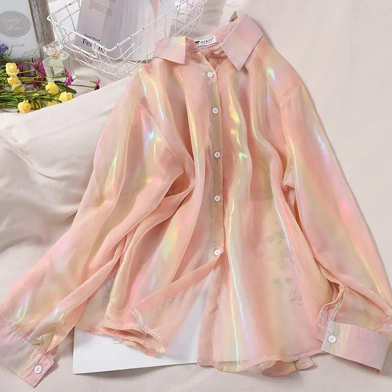 QWEEK Transparent White Shirt Oversized Long Sleeve Top Pleated Blouse Solid Sparkles Fairycore Women Beach Tunic Korean Clothes