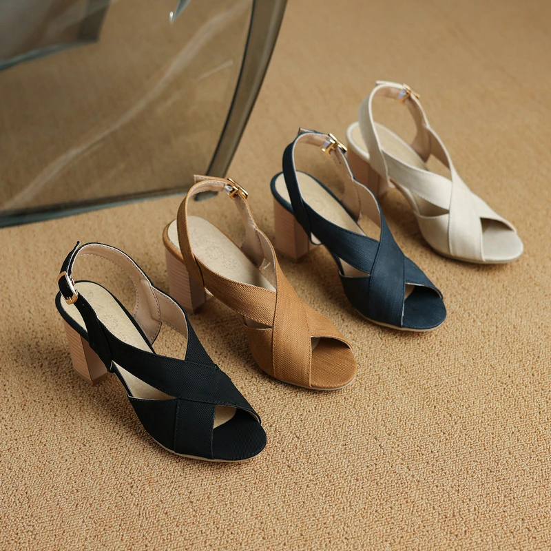 Open Toe Brown Navy Black Color 2024 Summer Classic Mature Lady Shoes Block High Heels Big Size 46 47 48 Women Slingback Sandals