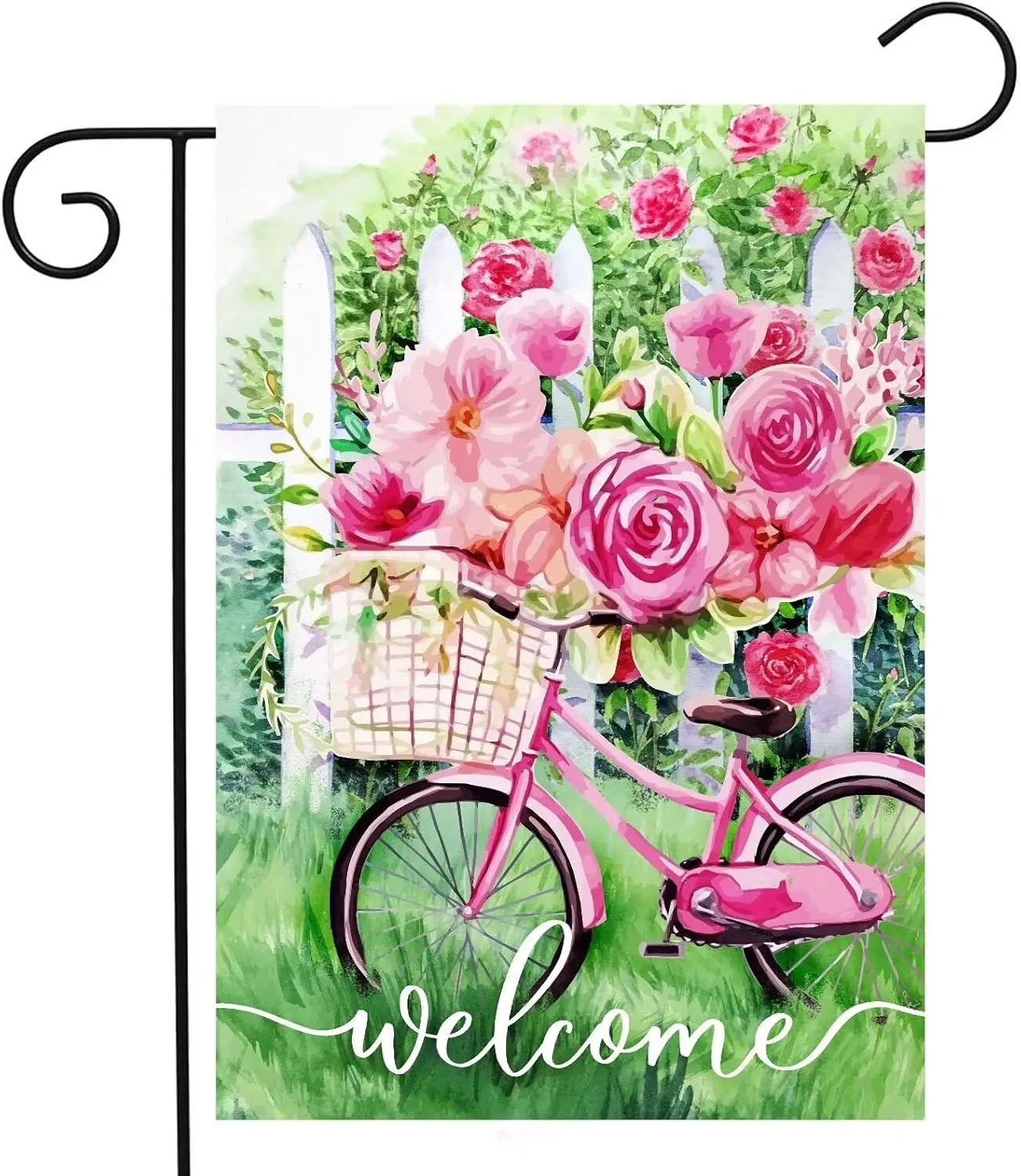 Welcome Spring Pink Bicyle Bike Rose Floral FLowers Grass Field Garden Yard Flag 12