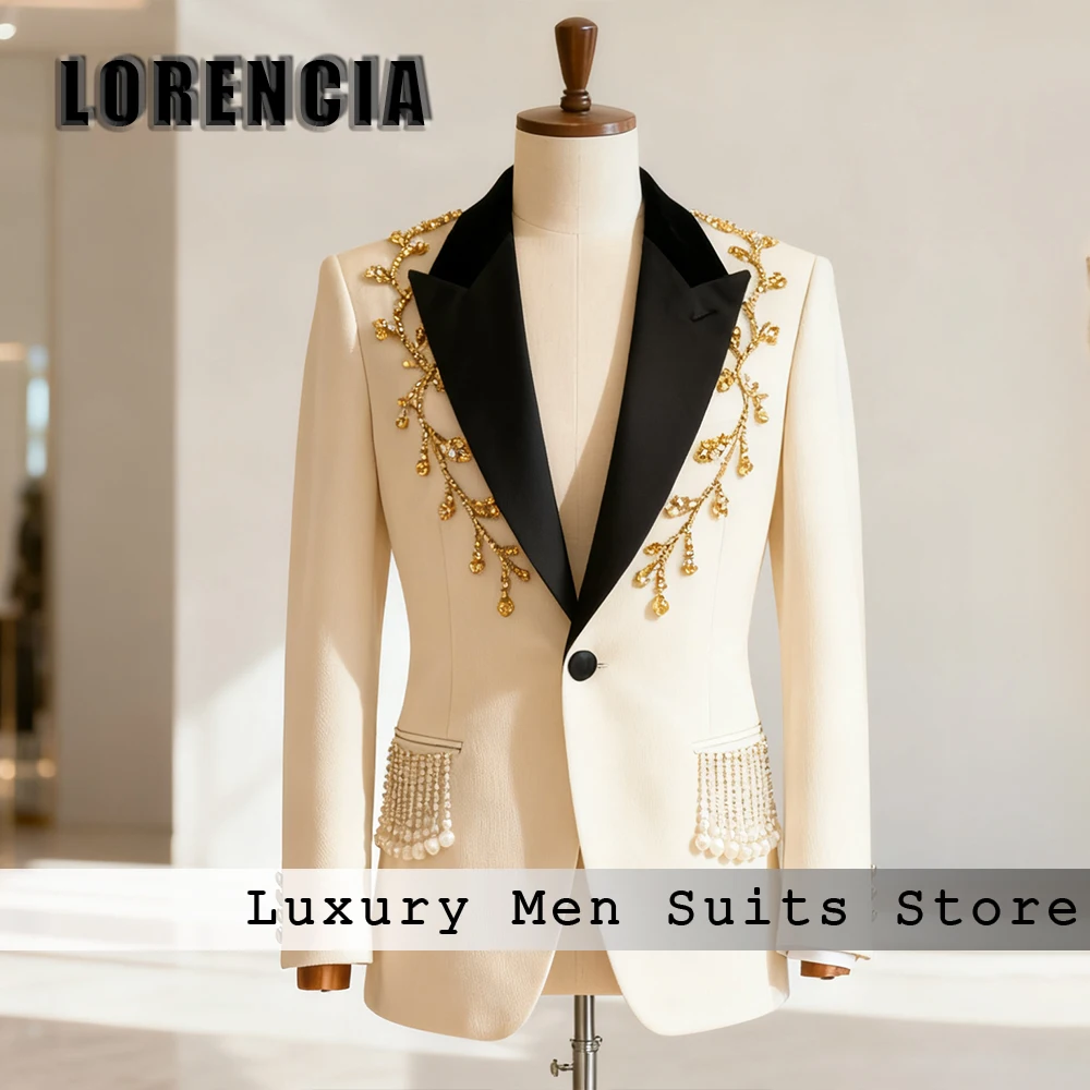 

Elegant Tassel Suits for Men 2 Pieces Crystal Tuxedos Set Wedding Groom Outfits Customized Blazer Pants jaqueta masculina couro