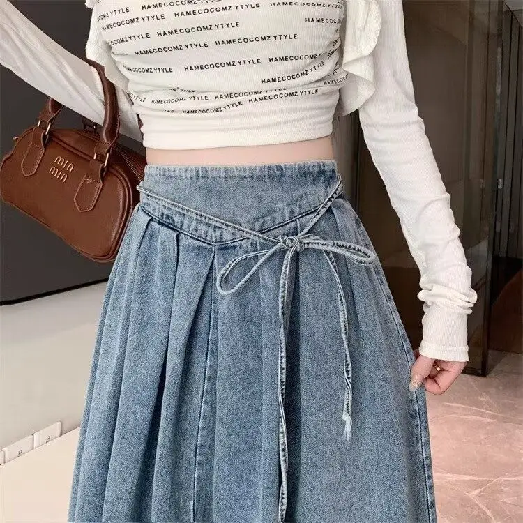新しいプリーツレトロ弾性デニムスカートハイウエストロングスカートミッドレングス韓国スタイルのファッションエレガントなコケット原宿 Cuteore