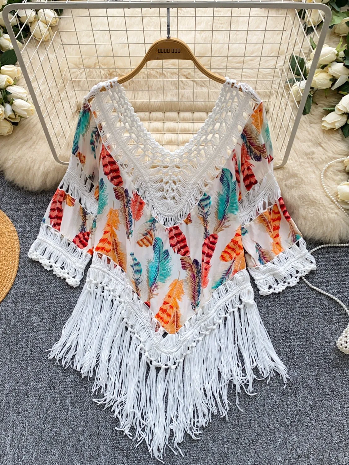 

Свободный вязаный женский топ в корейском стиле с ажурным принтом и бахромой, летний пуловер для защиты от солнца, трикотажная одежда